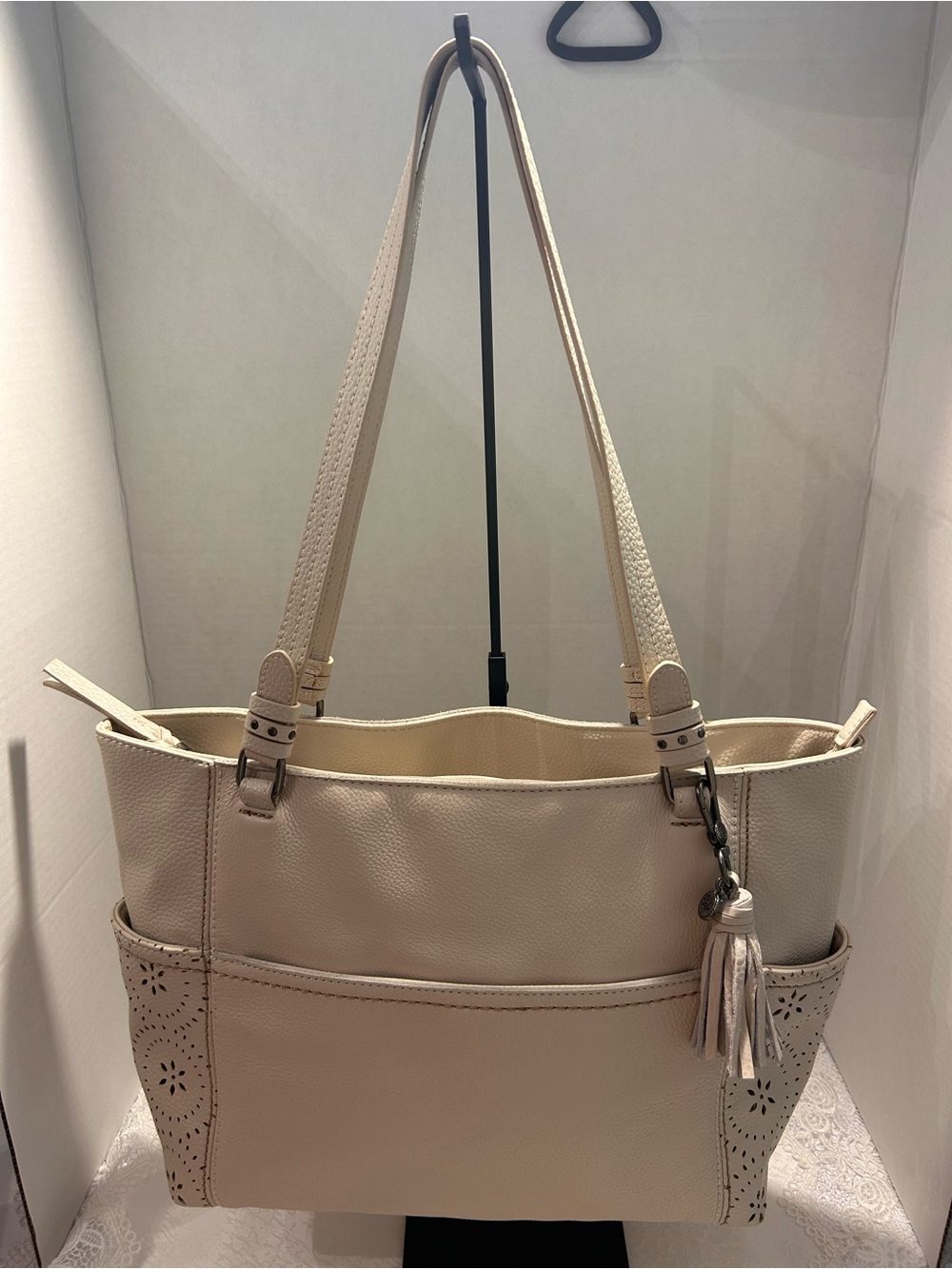 The Sak Sequoia pebbled Leather Tote Bag – Cream Perforated Floral Medallion